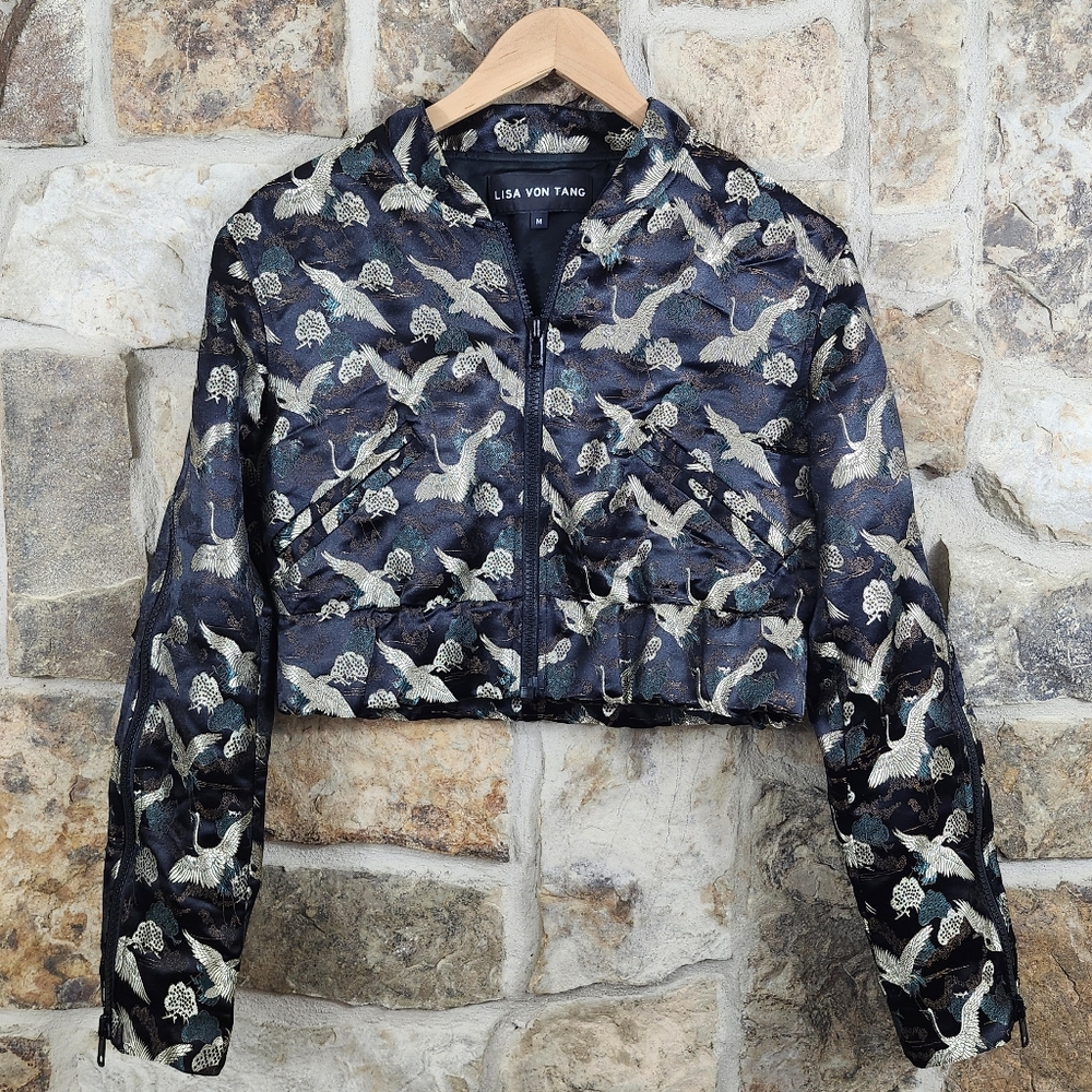 Lisa Von Tang Stork Crane Jacquard Brocade Cropped Jacket Coat - Picture 3 of 11